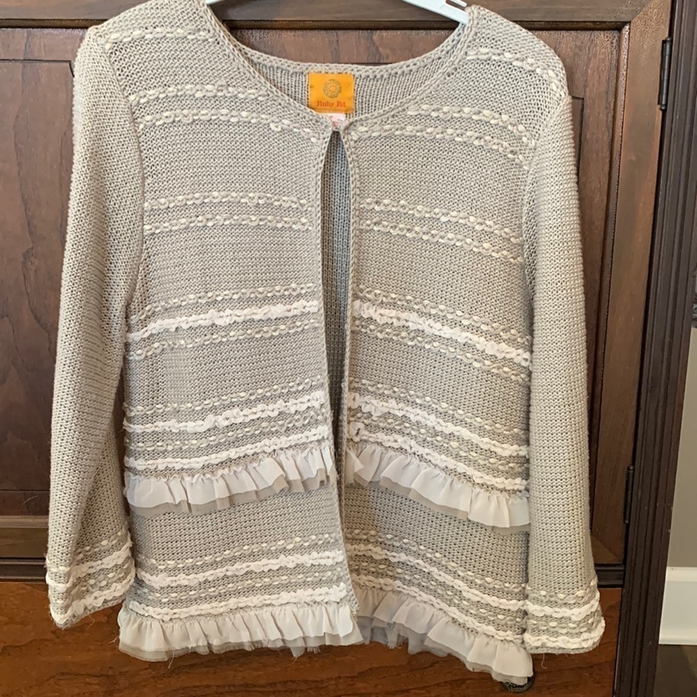 Ruby Rd cardigan size med grey and white mini fringe long sleeve mixed media